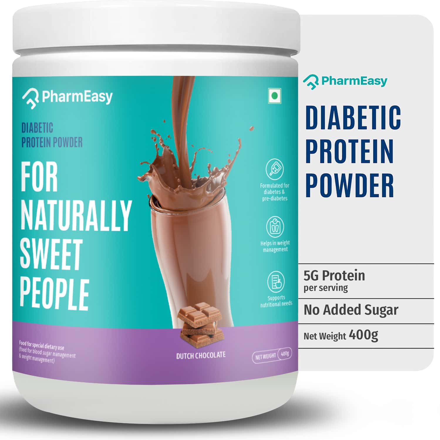 Pharmeasy Diabetic Protein Powder - Dutch Chocolate - Jar | 400 Gm (5 Gm Protein/serving)