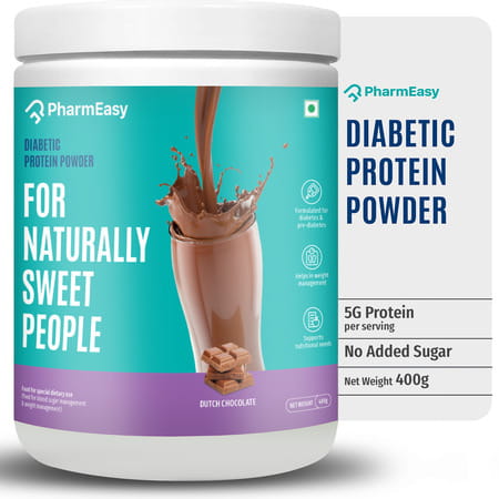 Pharmeasy Diabetic Protein Powder - Dutch Chocolate - Jar | 400 Gm (5 Gm Protein/Serving)