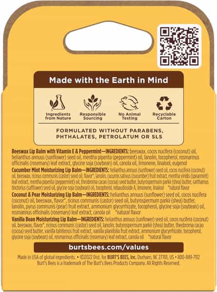Burt's Bees Lip Balm | Beeswax | Cucumber Mint | Coconut Pear & Vanilla Bean | 4.25G | Pack Of 4