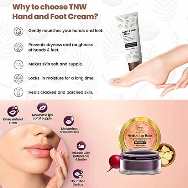 Tnw The Natural Wash Hand Cream/Foot Cream With Vitamin E + Beetroot Lip Balm 5 Gm