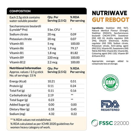 Nutriwave Gut Reboot Sachets For Gut Health & Digestion | Orange Flavour | 15 X 2.5G Powder Sachets
