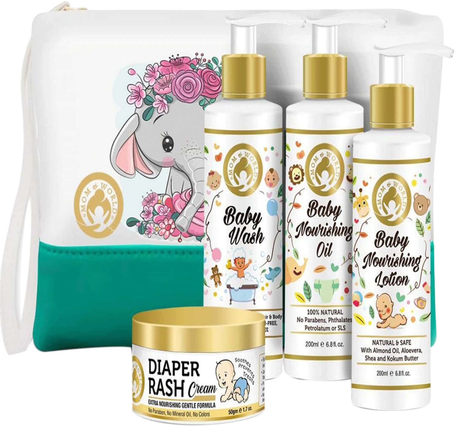 Mom & World Baby Care Combo -Diaper Rash Cream + Baby Wash+ Nourishing Lotion + Nourishing Oil