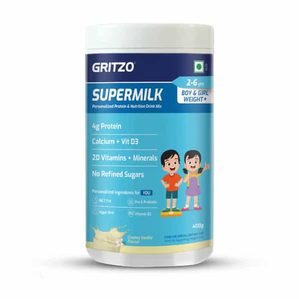 Gritzo Supermilk Weight+ (2-6Y Boy & Girl) | 4G Protein Powder (Creamy Vanilla | 400G)