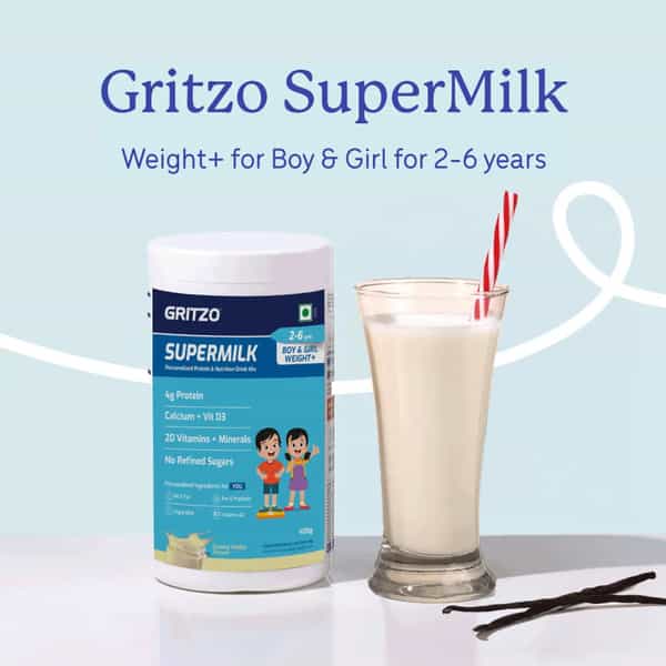 Gritzo Supermilk Weight+ (2-6Y Boy & Girl) | 4G Protein Powder (Creamy Vanilla | 400G)