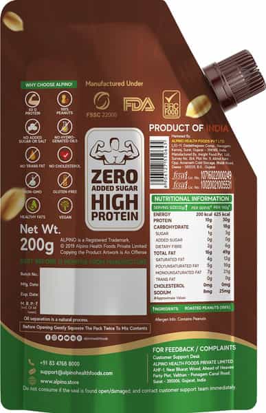 Alpino Easy Squeezy Natural Peanut Butter Smooth 200 G | Unsweetened | 30 G Protein