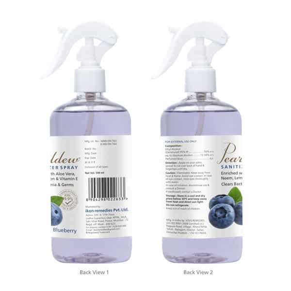 Pearldew Sanitizer Spray (Blueberry) 500 Ml | Aloe & Neem | Paraben Free (Pack Of 2)