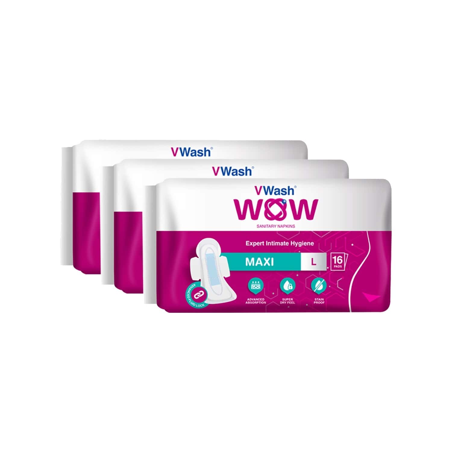 Vwash Wow Maxi Size L Sanitary Pads Pack Of 48 (Packs Of 3x16)