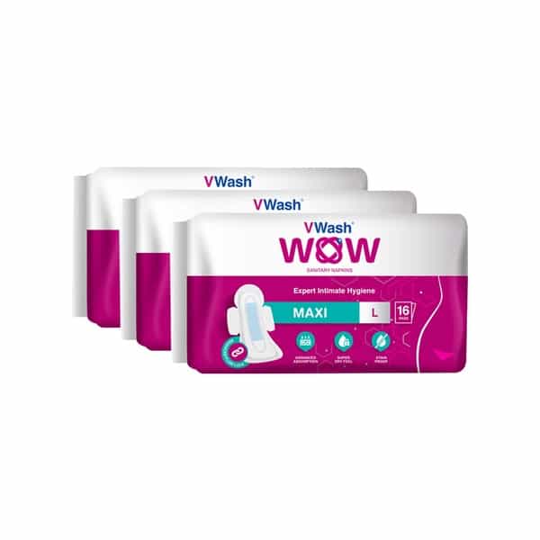 Vwash Wow Maxi Size L Sanitary Pads Pack Of 48 (Packs Of 3X16)
