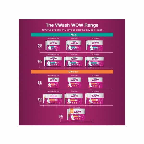 Vwash Wow Maxi Size L Sanitary Pads Pack Of 48 (Packs Of 3X16)