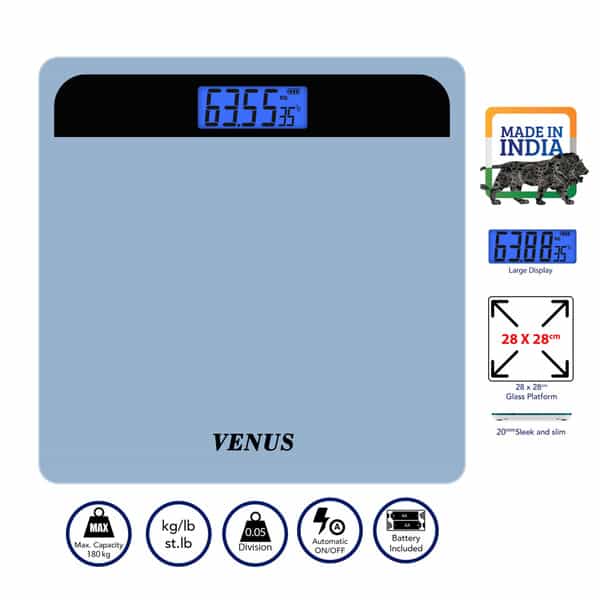 Venus (India) Electronic Digital Personal Bathroom Weight Machine | Upto 180Kg | Eps-2799-New-Black