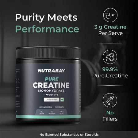 Nutrabay Pure Micronised Creatine Monohydrate Powder | Trustified Certified | 3g/Serving - 150g