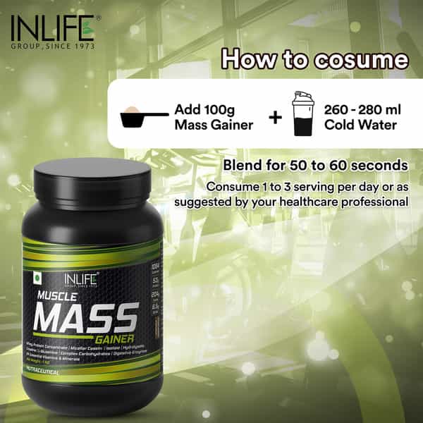 Inlife Muscle Mass Gainer With Whey Protein Powder Body Building Supplement (Chocolate 1Kg)