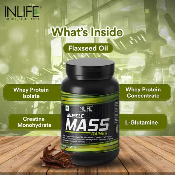 Inlife Muscle Mass Gainer With Whey Protein Powder Body Building Supplement (Chocolate 1Kg)