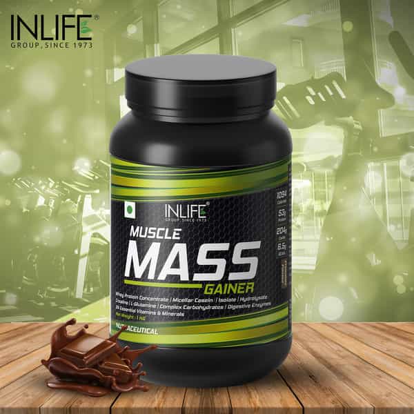 Inlife Muscle Mass Gainer With Whey Protein Powder Body Building Supplement (Chocolate 1Kg)