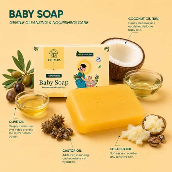 Pure Aura Handmade Baby Soap Pack Of 4 (100G Each) Baby Soap Coconut Oil| Shea Butter & Jojoba Oil