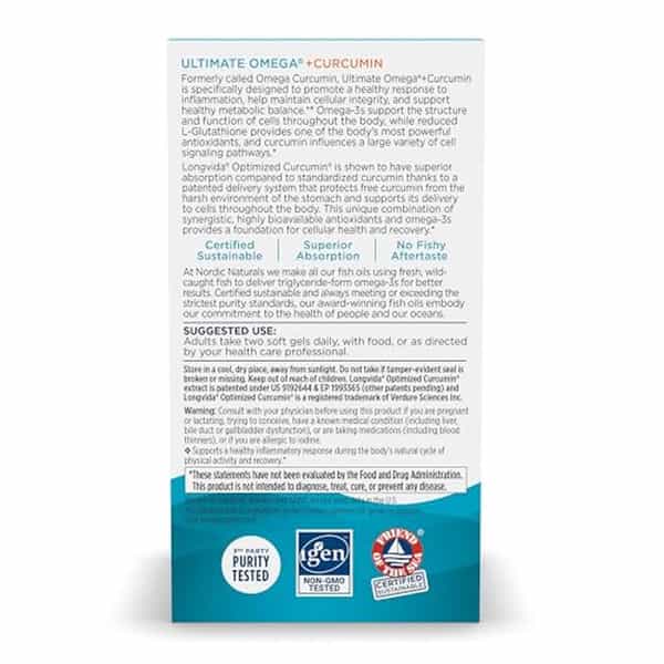 Nordic Naturals Omega Curcumin Omega 3 Fish Oil Epa Dha Optimized Curcumin L- Glutathione 60 Softgel