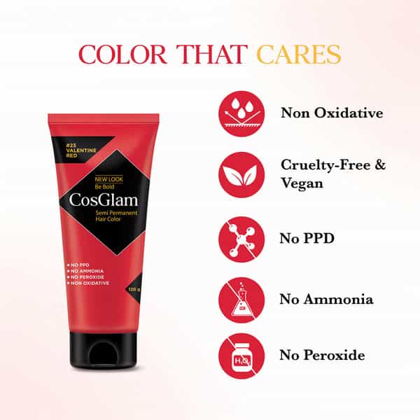 Cosglam Semi Permanent Hair Color | No Peroxide | Ammonia Free Hair Colour 23 Valentine Red - 120Gm