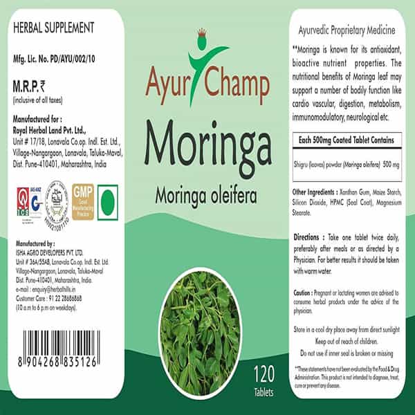 Ayur Champ - Pack Of 2 -Moringa Tablets 500Mg - 120 Tablets