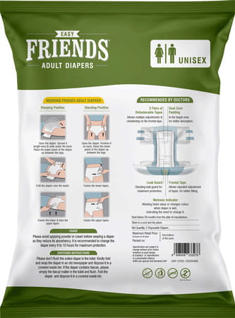Friends Easy Adult Diapers Tape Style High Absorbency Core 2 Count (L) Waist 29.53- 57.09 Inch