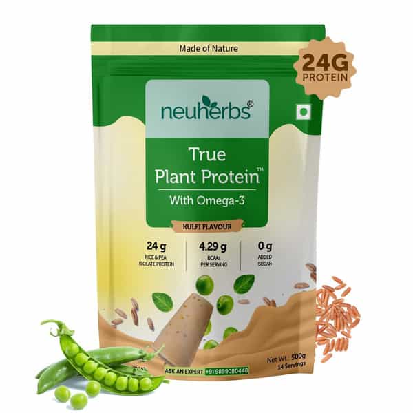 Neuherbs True Plant Protein Powder With Omega 3 (Digestive Enzymes & Probiotics)|Kulfi Flavour|500Gm
