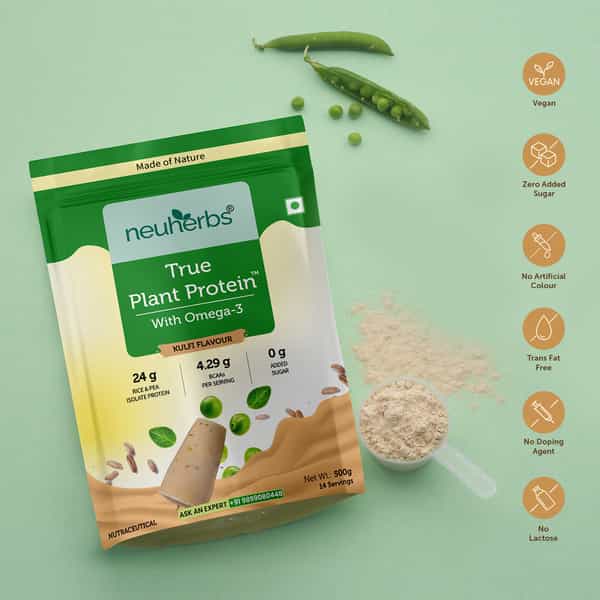 Neuherbs True Plant Protein Powder With Omega 3 (Digestive Enzymes & Probiotics)|Kulfi Flavour|500Gm