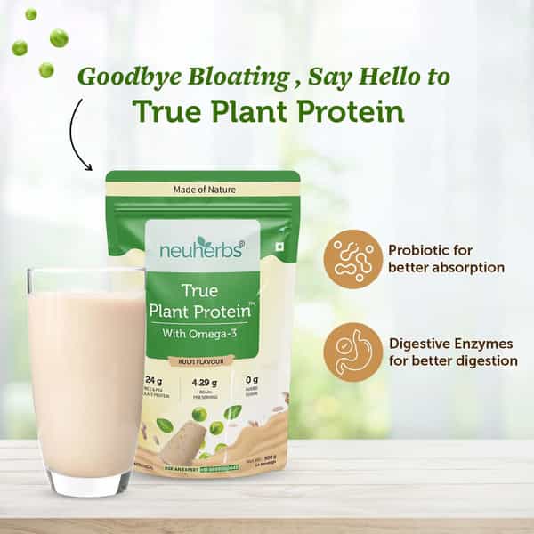 Neuherbs True Plant Protein Powder With Omega 3 (Digestive Enzymes & Probiotics)|Kulfi Flavour|500Gm