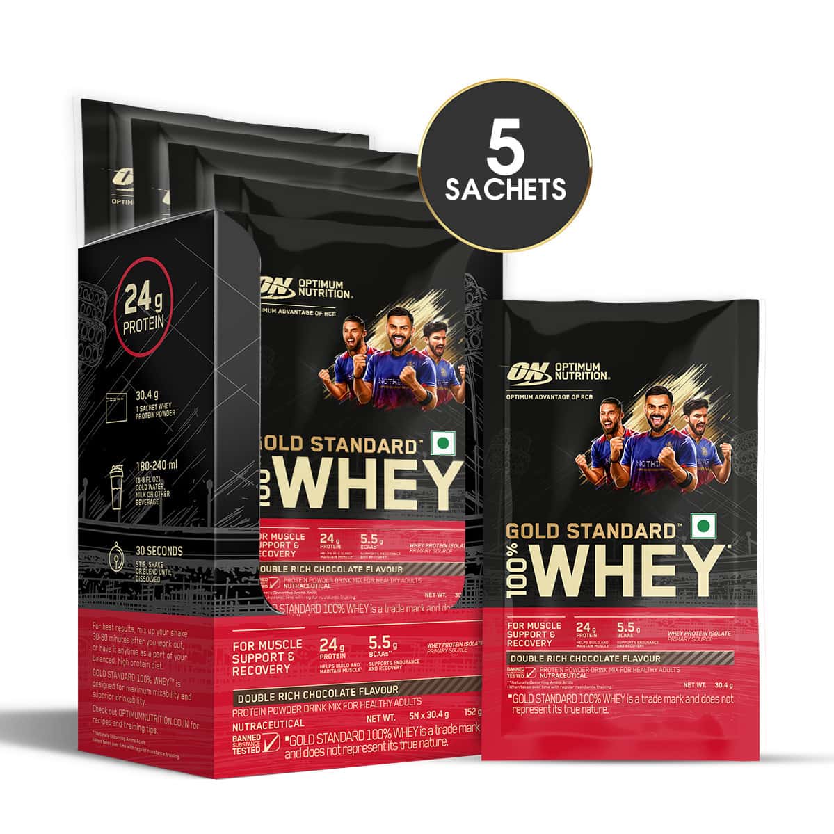 Optimum Nutrition (on) Gold Standard 100% Whey Protein Double Rich Chocolate 5x30.4g Sachet 152 Gm