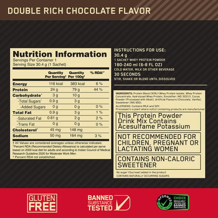 Optimum Nutrition (On) Gold Standard 100% Whey Protein Double Rich Chocolate 5X30.4g Sachet 152 Gm