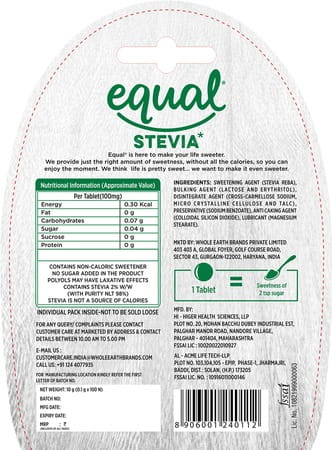 Equal Stevia 100% Natural Sweetness From Stevia- 10g (Pack Of 100 Tablets)