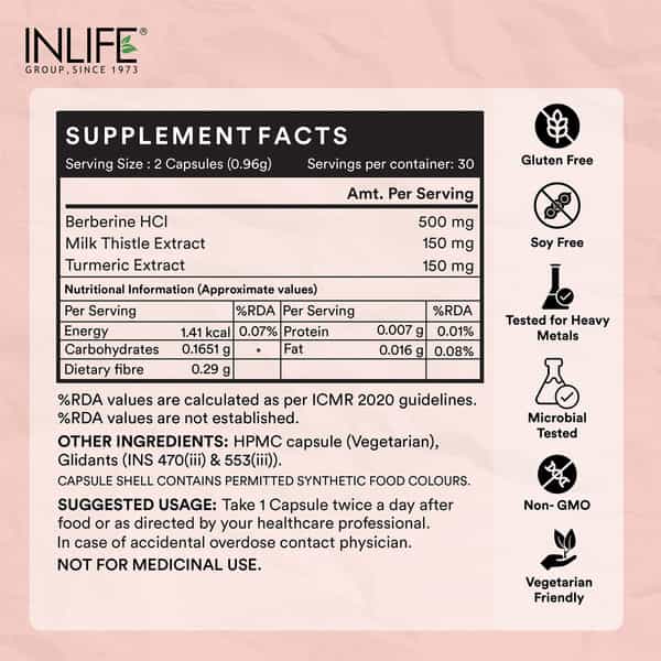 Inlife Berberine Hcl 500Mg With Milk Thistle Liver & Blood Sugar Support - 60 Capsules