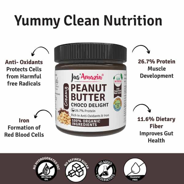 Jus Amazin Creamy Organic Peanut Butter - Choco Delight (200G) No Refined Sugar