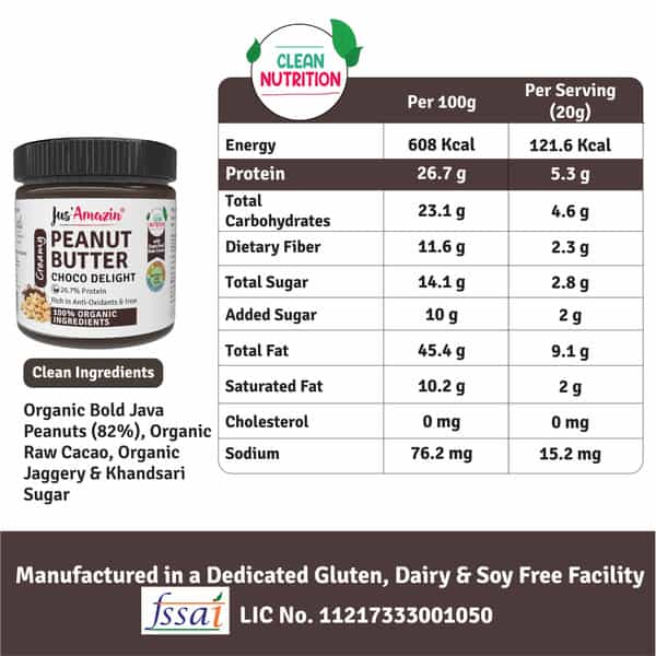 Jus Amazin Creamy Organic Peanut Butter - Choco Delight (200G) No Refined Sugar