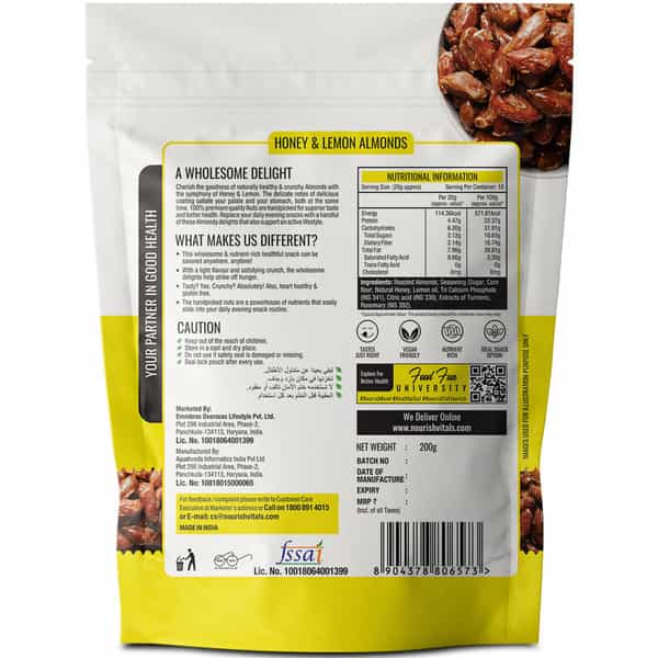Nourishvitals Honey Lemon Rosted Almonds,100% Natural California Almonds With No Preservatives, 200G