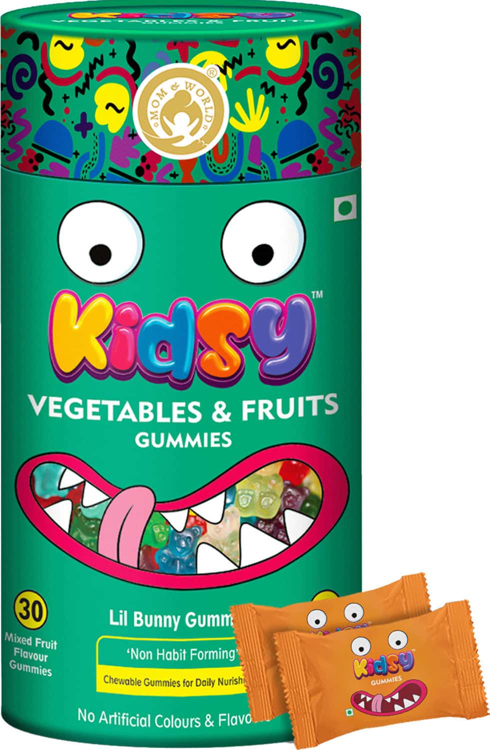 Mom & World Kidsy Vegetables & Fruits Gummies For Kids Chewable Gummies-30 (Mixed Fruit Flavoured)