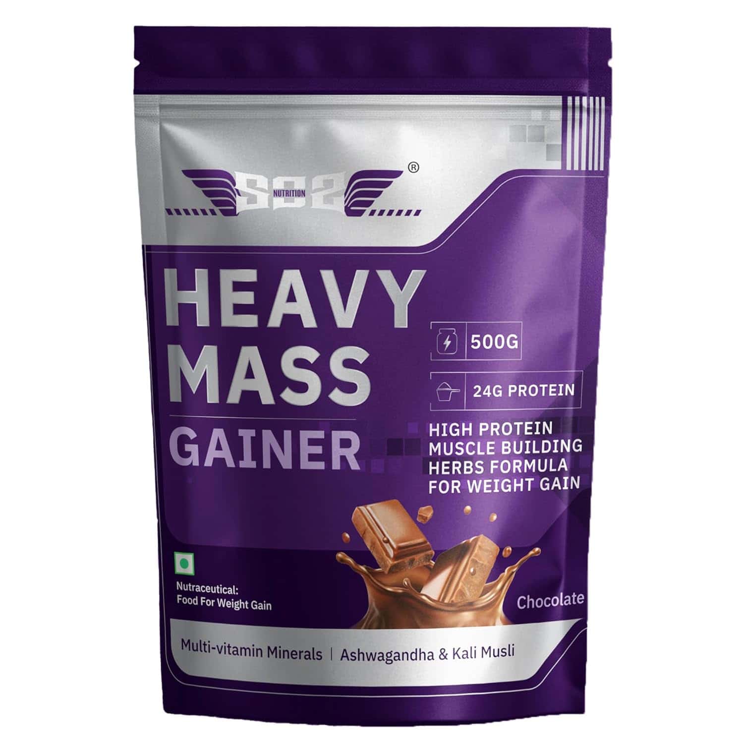 Sos Nutrition High Protein Mass Weight Gainer Herb 24g Protein Chocolate Added Multivitamins 500g