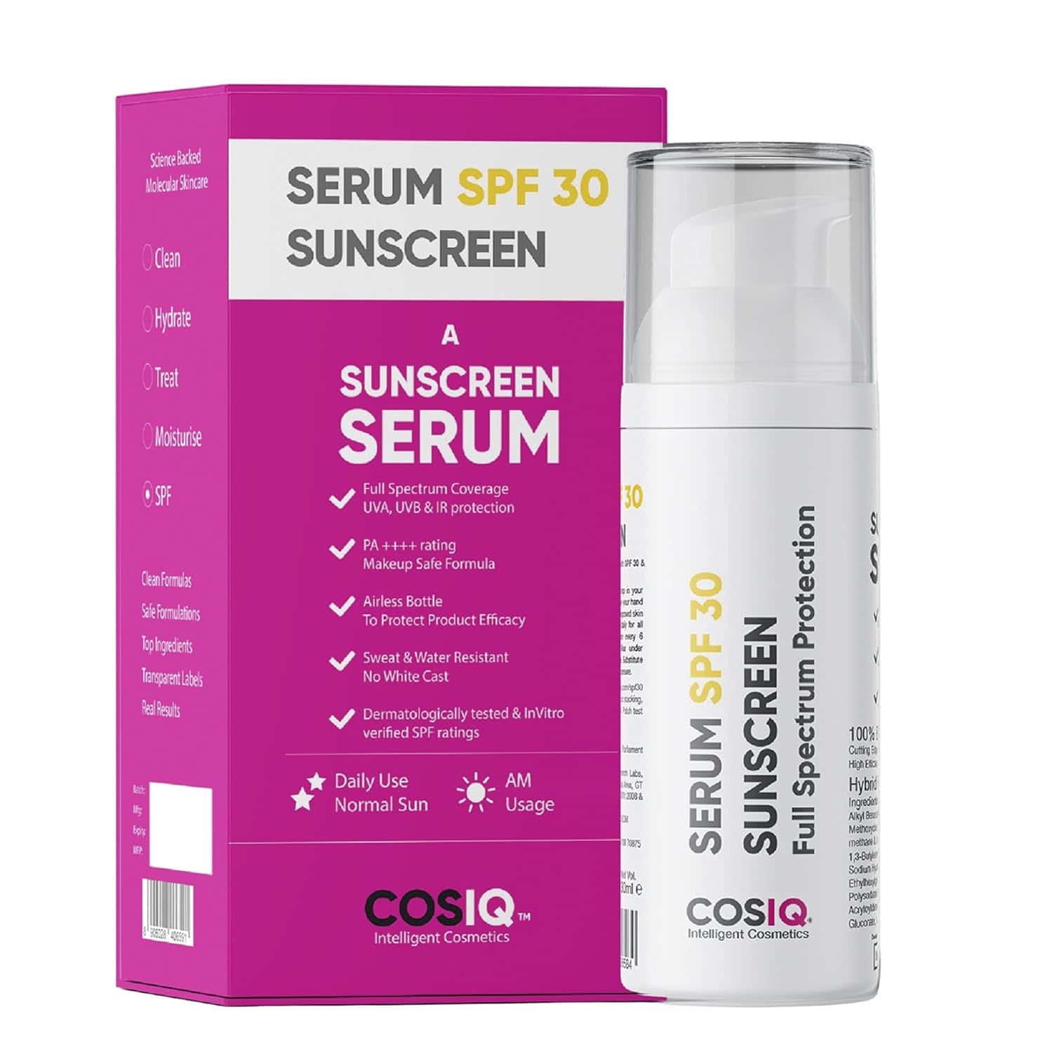 Cos-iq Daily Use Sunscreen Serum Spf 30 Pa++++ Broad Spectrum 30ml Uva Uvb And Ir Protection