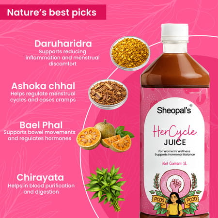 Sheopals Her Cycle Herbal Supplement Support Hormonal Balance | Pcos Pcod | Period Pain Relief - 1L