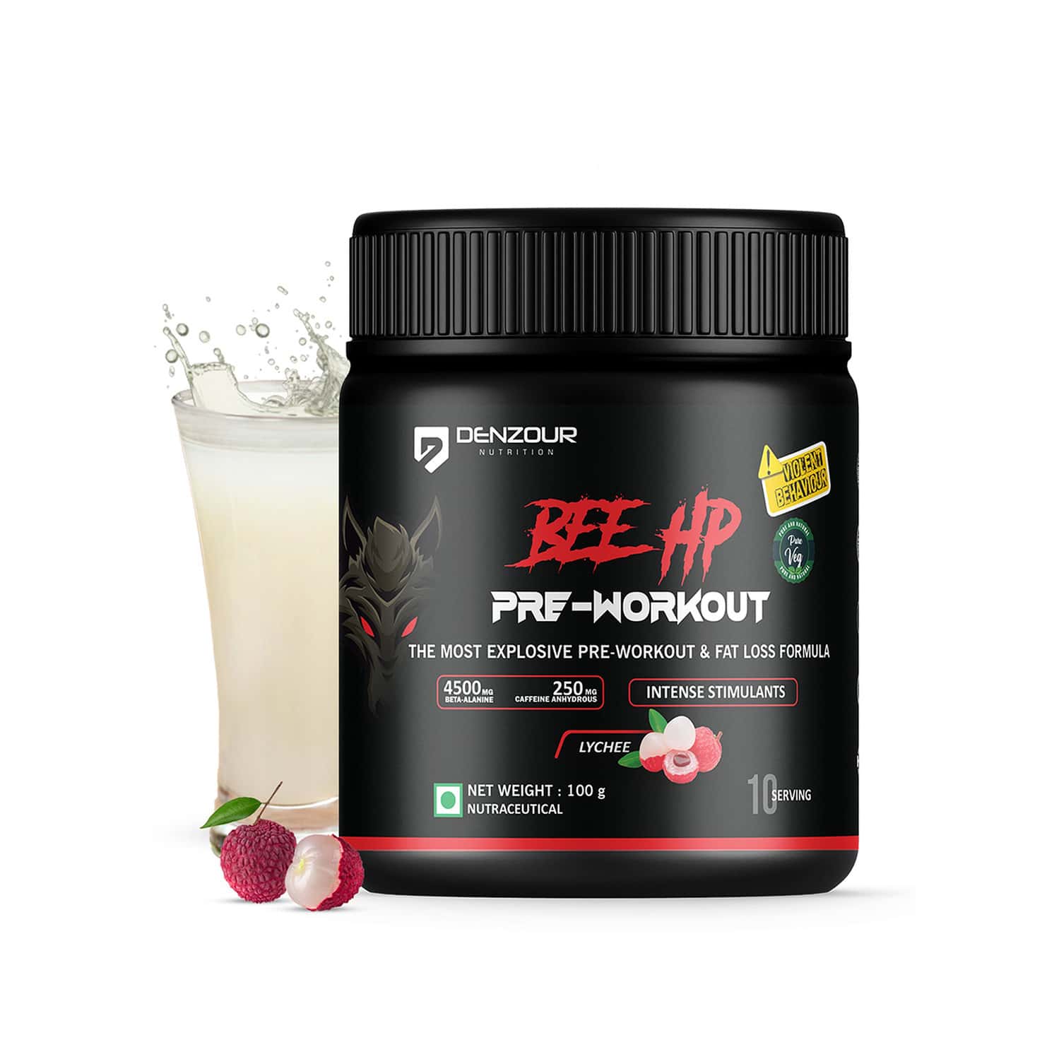 Denzour Nutrition Bee Hp Pre Workout Powder | Energy | Strength & Muscle Pump | Lychee Flavour 100g