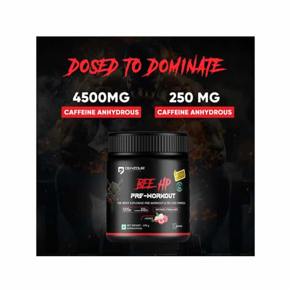 Denzour Nutrition Bee Hp Pre Workout Powder | Energy | Strength & Muscle Pump | Lychee Flavour 100G