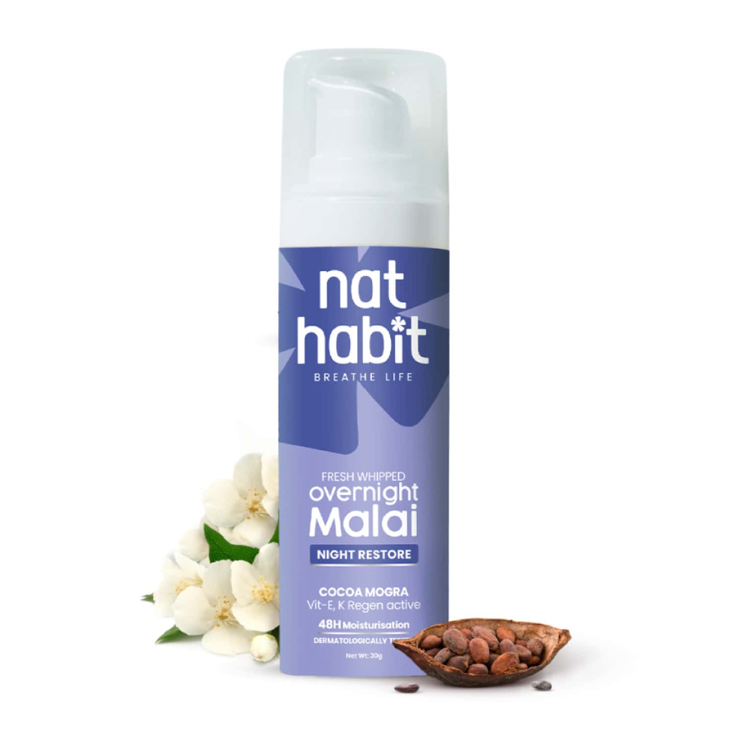 Nat Habit Cocoa Mogra Night Restore Face Cream | Light Face Moisturizer For Glowing Skin - 30g