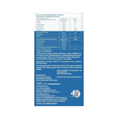 Dr. Morepen Omega 3 Deep Sea Fish Oil Triple Strength|1250mg With 900mg Dha & Epa|2 X 60 Softgels