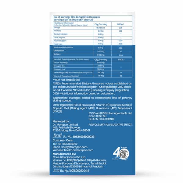 Dr. Morepen Omega 3 Deep Sea Fish Oil Triple Strength|1250Mg With 900Mg Dha & Epa|2 X 60 Softgels