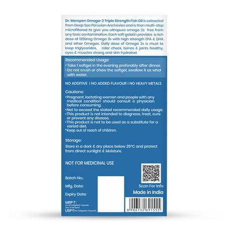 Dr. Morepen Omega 3 Deep Sea Fish Oil Triple Strength|1250mg With 900mg Dha & Epa|2 X 60 Softgels