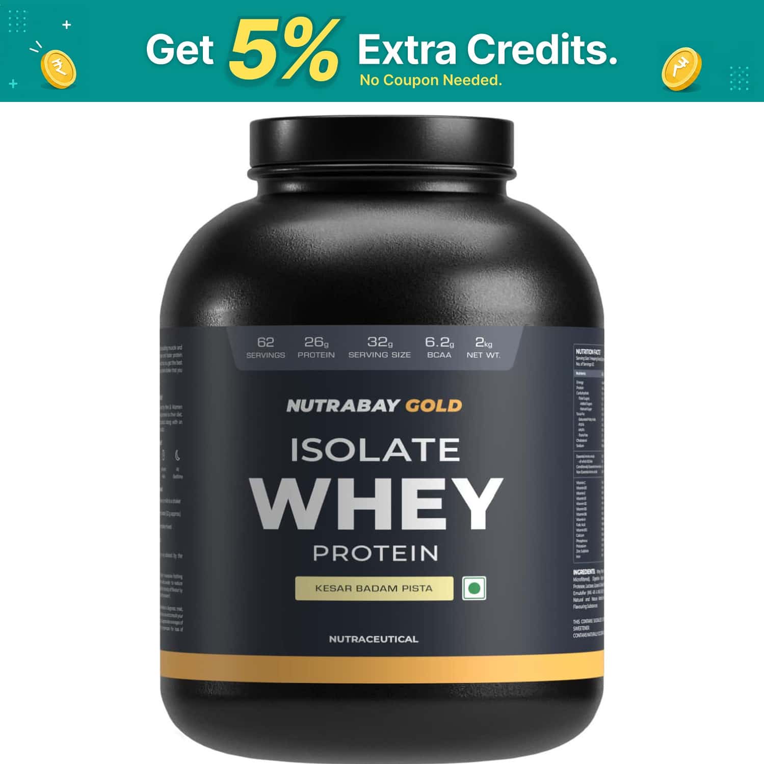 Nutrabay Gold 100% Whey Protein Isolate|26g Protein|muscle Support & Recovery|kesar Badam Pista, 2kg