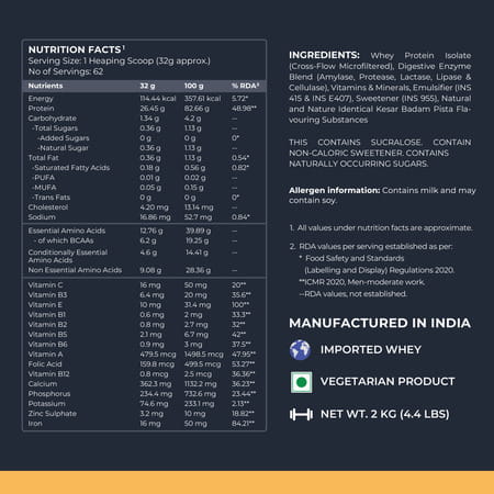 Nutrabay Gold 100% Whey Protein Isolate|26g Protein|Muscle Support & Recovery|Kesar Badam Pista, 2kg