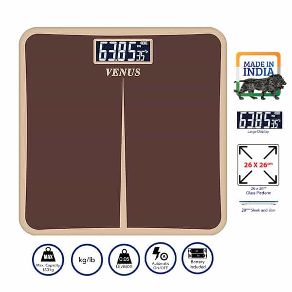 Venus (India) Electronic Digital Personal Bathroom Weight Machine | Upto 180Kg | Eps-8199-New-Brown