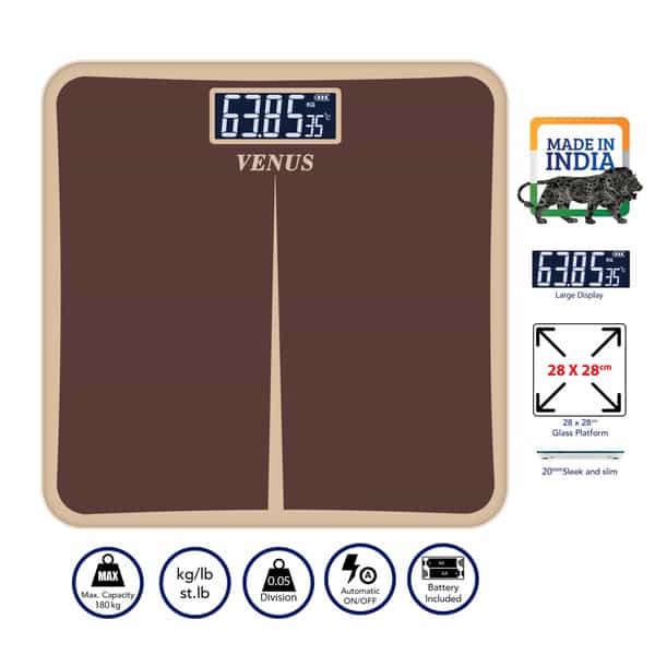 Venus (India) Electronic Digital Personal Bathroom Weight Machine | Upto 180Kg | Eps-8199-New-Brown