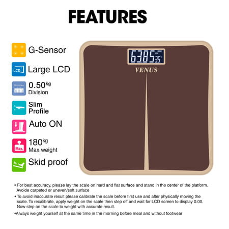 Venus (India) Electronic Digital Personal Bathroom Weight Machine | Upto 180kg | Eps-8199-New-Brown