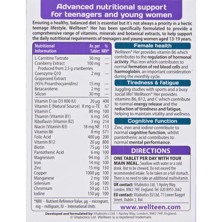 Vitabiotics Wellteen Her - Nutritional Support For Teenagers And Young Women Ages 13-19 - 30 Tablets