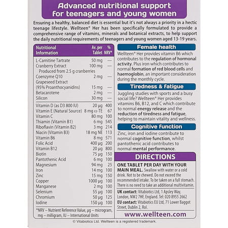 Vitabiotics Wellteen Her - Nutritional Support For Teenagers And Young Women Ages 13-19 - 30 Tablets